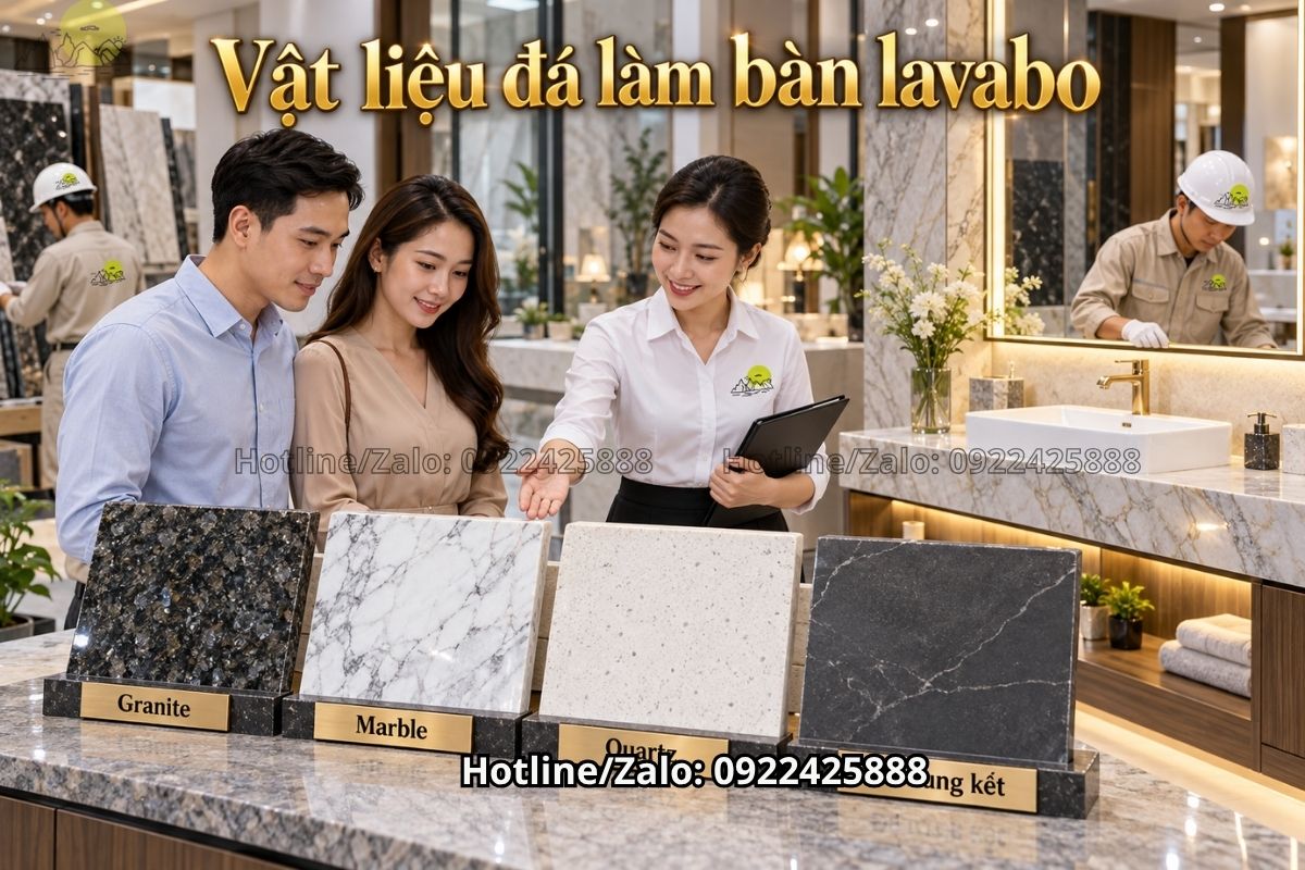 •Mẫu đá granite, marble, quartz và đá nung kết làm bàn lavabo.
