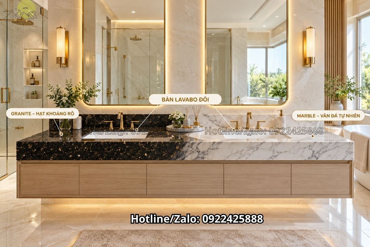 Bàn lavabo đôi granite và marble cho phòng tắm master