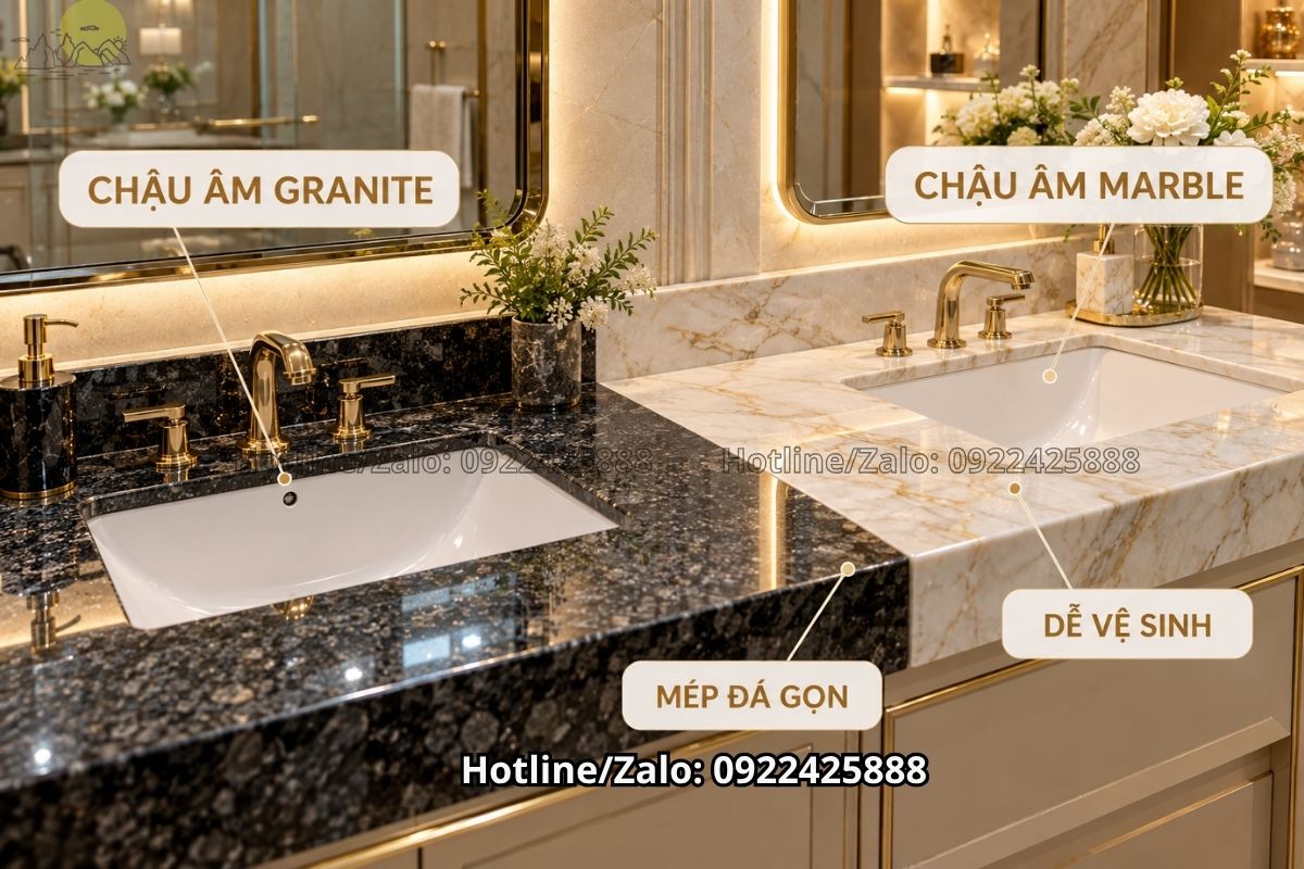 Bàn lavabo chậu âm sử dụng đá granite và marble