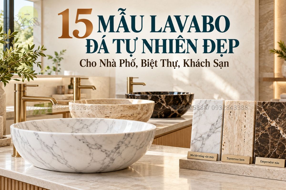 Không gian phòng tắm sáng, bàn lavabo đá tự nhiên nổi bật, kết hợp gương và tủ hài hòa.