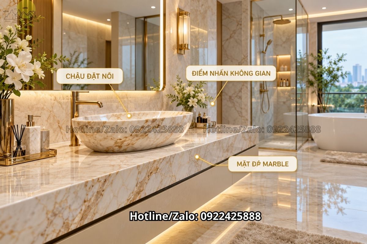 Bàn đá lavabo dương tạo điểm nhấn cho phòng tắm rộng