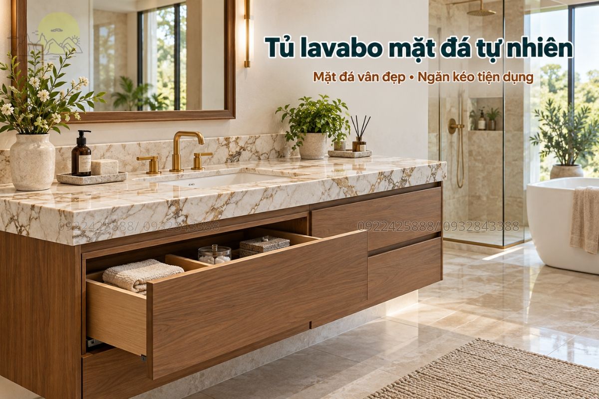 Tủ lavabo mặt đá tự nhiên kết hợp ngăn kéo